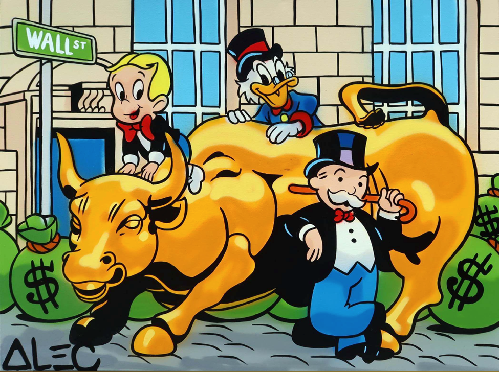 "$ Team Wall St. Scrooge on Top Yellow Bull Green $ Bags," undated